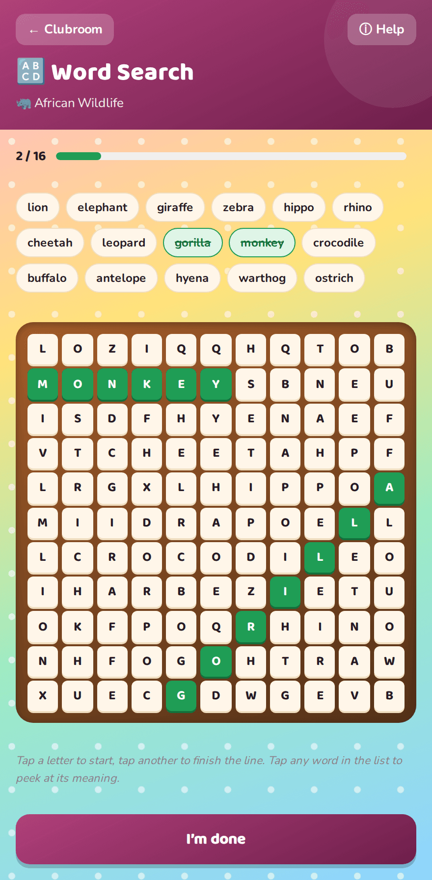Word Search game screen in Lightbulb English
